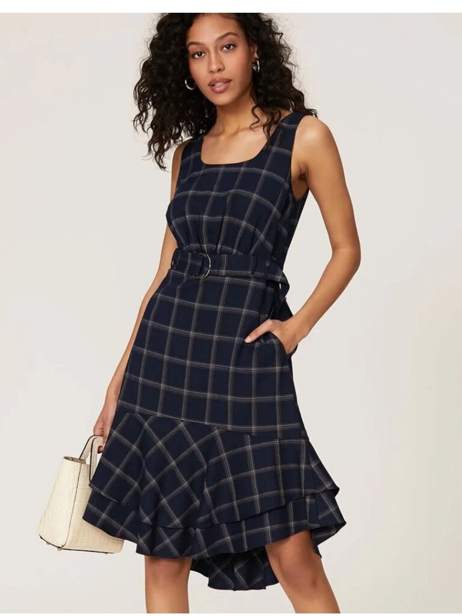 Great Jones Navy Blue Plaid Belted Midi Dress Flounce Size M Preppy Academia Y2k